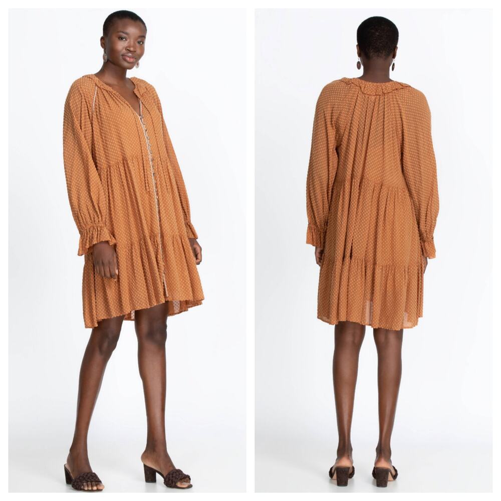 NEW $595 Johnny Was Orla Boho Swiss Dot Flowy Mini Dress Rust Brown Size Small - Picture 2 of 6